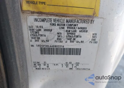 2004 Ford F350 Srw Super Duty из США, поврежденный, VIN 1FDSF30L44EB03316